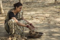 Индийская женщина, одетая в сари, собирает сухие листья с земли в железную золотую сковороду — стоковое фото