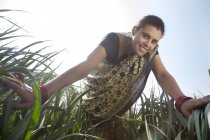 Vue à angle bas de agricultrice indienne dans l'herbe haute contre le ciel bleu — Photo de stock