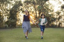 Feliz irmão e irmã de mãos dadas ao caminhar no parque — Fotografia de Stock