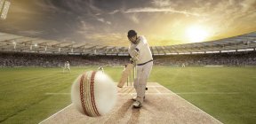 Young sportsman hitting ball while batting at cricket field, selective focus — Stock Photo