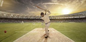 Young sportsman striking ball while batting at cricket field — Stock Photo