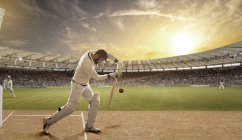 Side view of batsman defending ball during match at stadium — Stock Photo