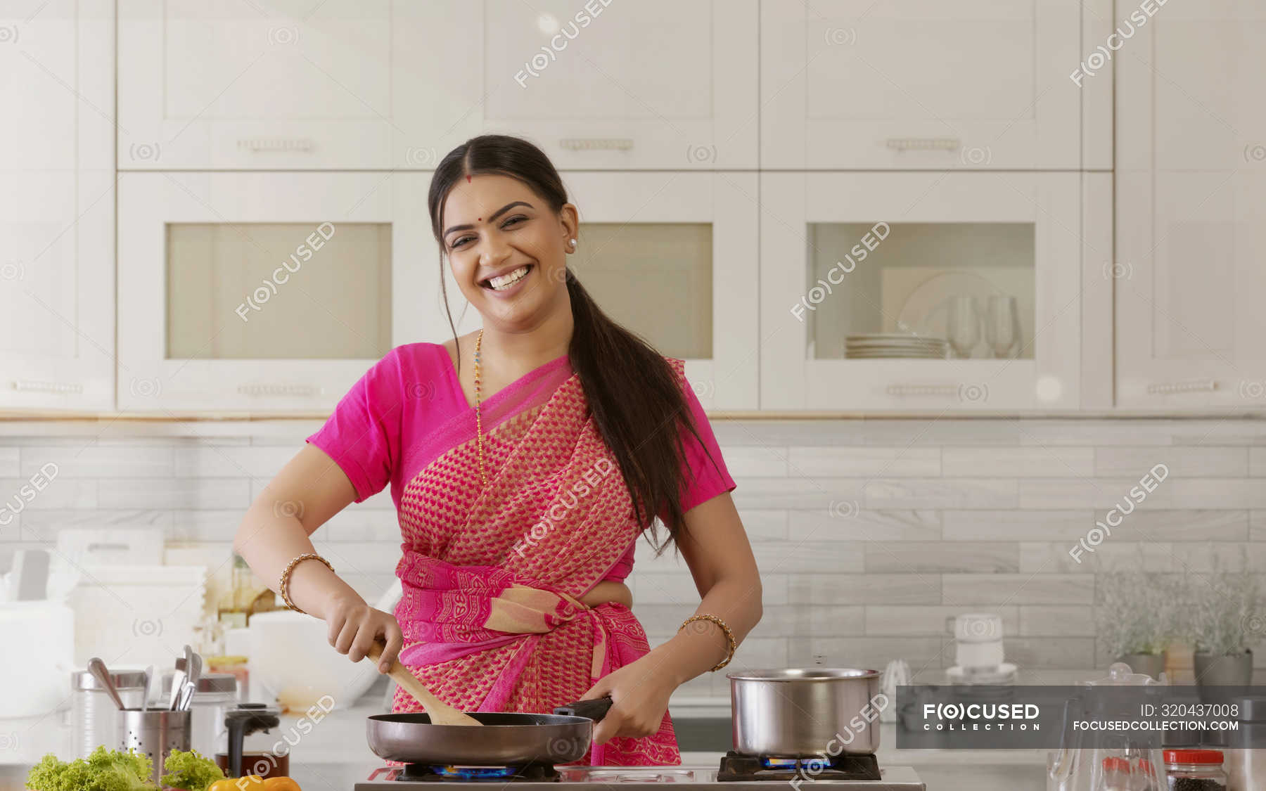 Focused 320437008 Stock Photo Woman Saree Cooking Kitchen 