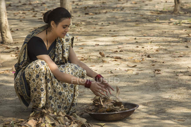 Индийская женщина, одетая в сари, собирает сухие листья с земли в железную золотую сковороду — стоковое фото