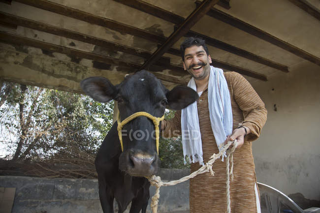 Sorridente contadino maschio indiano vicino alla mucca nera nel fienile — Foto stock