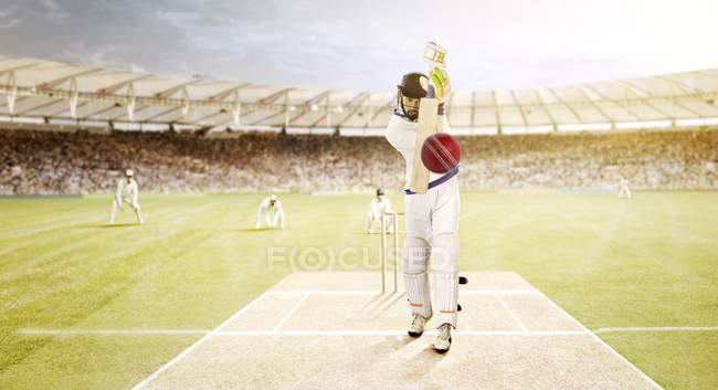 Batsman striking ball at stadium, selective focus — Stock Photo