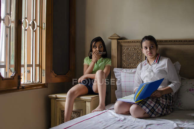 Mädchen spielt Mundharmonika und ihre Schwester hält eine Datei — Stockfoto
