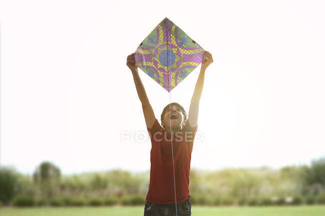 Portrait of a happy young boy holding a kite. — Stock Photo