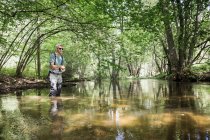 A mature man is fly fishing on river in forest area. — Stock Photo