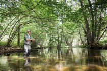 A man is fly fishing on river in forest area. — Stock Photo