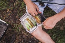 A fisher is picking a fishing fly from a fly fishing tackle. — Stock Photo