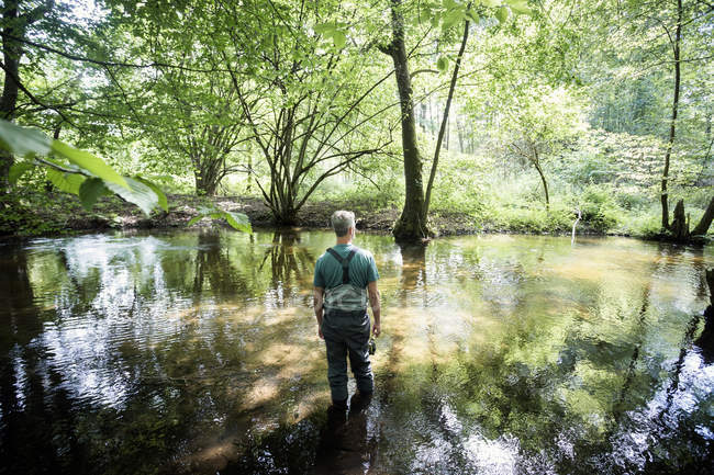 Rückansicht eines Mannes in Watstiefeln bereitet sich auf fliegende Fische auf Fluss in Waldgebiet vor. — Stockfoto