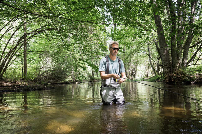 A man is fly fishing on river in forest area. — Stock Photo