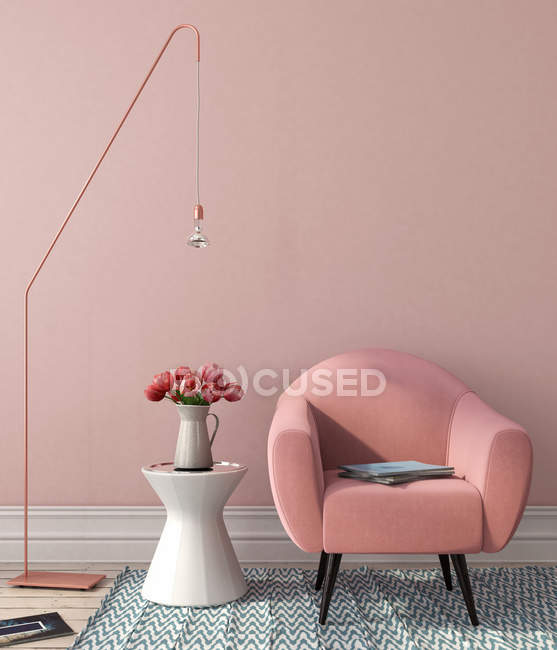 Interior with pink chair and stylish floor lamp — Stock Photo