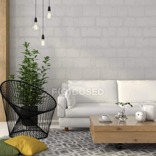 Гостиная с белым диваном и черным креслом из ниток — стоковое фото