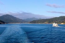 Nouvelle-Zélande, Île du Sud, Marlborough, Port Underwood, Vue panoramique sur la côte avec traversée en ferry entre l'île du Nord et l'île du Sud — Photo de stock