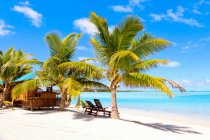Cook Islands, Aitutaki, Tropical resort scene with deckchairs on white sandy beach under palm trees — Stock Photo