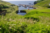 Regno Unito, Scozia, Highlands, Lybster, Lybster of Caithness nel nord della Scozia, faro nell'ex porto peschereccio sulla costa verde — Foto stock
