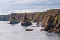 Regno Unito, Scozia, Highland, Wick, Duncansby Head con le sue formazioni rocciose frastagliate e gli aghi rocciosi lungo la costa del mare — Foto stock
