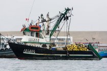 Perú, Ica, Pisco, Las Islas Ballestas, aves en embarcaciones de pesca en puerto - foto de stock