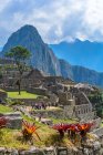 Peru, Cusco, Urubamba, Scenic view of Machu Picchu is a UNESCO world heritage site, crowd of tourists sightseeing — Stock Photo