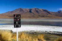 Plaque noire avec symboles sur fond de montagne, Laguna Canapa,, Sur La Pez, Département de Potos, Bolivie — Photo de stock