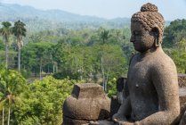 Indonesia, Java Tengah, Magelang, The Borobodur Buddhist temple, Buddha statue and natural landscape at the background — Stock Photo