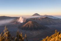 Indonesia, Java Timur, Probolinggo, amanecer en el mirador de Bromo en Cemoro-Lewang. Frente al Bromo, detrás del volcán Semeru - foto de stock