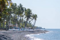 Индонезия, Бали, Карангасем, лодки на пляже Кубу под пальмами — стоковое фото