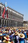 Election event on street of town with crowd of people in traditional hats, Arequipa, Peru — Stock Photo