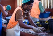 Cabo Verde, Sao Vicente, Mindelo, vendedor masculino en el mercado de pescado de Mindelo . - foto de stock