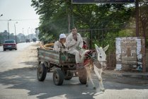 Egypt, Cairo Governorate, Sakkara, men in traditional clothing riding in cart with donkey — Stock Photo