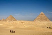 Egipto, Giza Gouvernement, Giza, Las Pirámides de Giza y los hombres en camellos en vista aérea del desierto - foto de stock