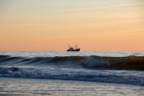 Germany, Schleswig-Holstein, Sylt, Westerland, fishing boat at the sea in susnet — Stock Photo