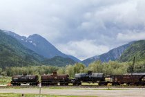 EUA, Alasca, Skagway, primeira ferrovia em White Pass com vagões tanque de trem — Fotografia de Stock
