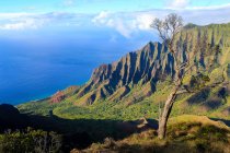 USA, Hawaii, Kapaa, The Kalalau Valley, Aerial view of Jurassic Park, rocky coast aerial view — Stock Photo