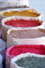 Sacks of colorful spices in market of Buxoro — Stock Photo