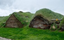 Maisons de tourbe authentiques avec herbe verte luxuriante, Islande — Photo de stock