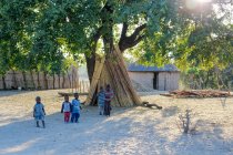 Crianças locais na aldeia sob a árvore, tira Caprivi, Namíbia — Fotografia de Stock