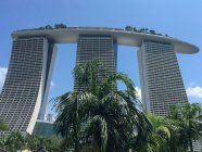 SINGAPUR - 26 DE MAYO DE 2016: Singapur, Marina Bay Arenas detrás de palmeras - foto de stock