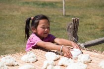 Kirgisistan, Gebiet Naryn, Bezirk Kochkor, kleines Mädchen bereitet Kurut zu — Stockfoto