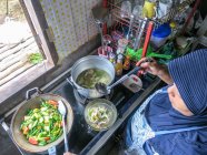 Thaïlande, Chang Wat Phang-nga, Tambon Khuekkhak, femme de la région cuisinant à domicile. — Photo de stock