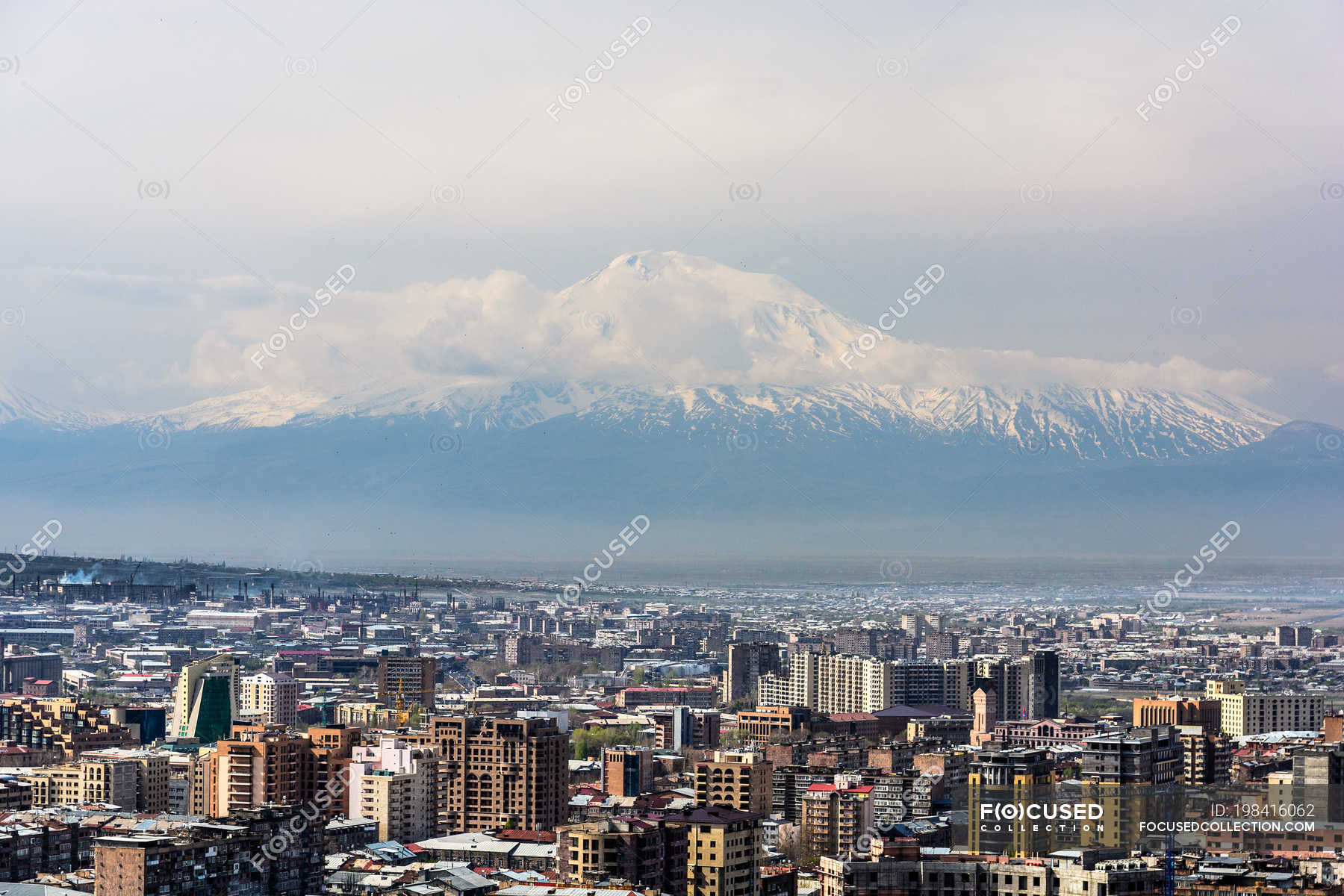 Armenia, Yerevan, Kentron, cityscape by Ararat mountain from above in