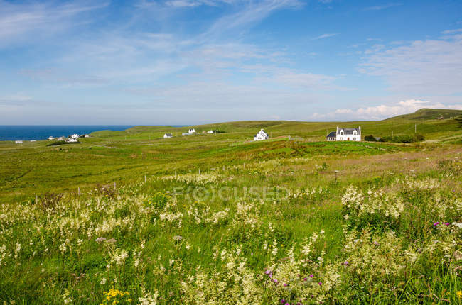 Reino Unido, Escocia, Highlands, Isla de Skye, Panorama de la Isla de Skye, casas blancas en la orilla del mar cubierta de hierba - foto de stock