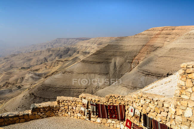 Jordan, Amman Gouvernement, Um Al-Rasas Sub-District, The Wadi Mujib (Wadi Mudjib) a gorge in the of Jordan, east of the Dead Sea — horizontal, Mountain Range - Stock Photo | #