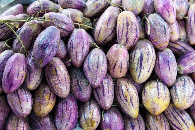 Stapel kleiner Auberginen auf dem Wochenmarkt — Stockfoto