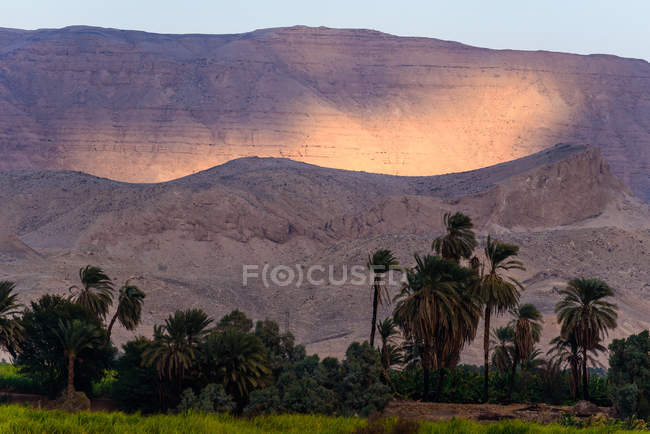 Egypt, Red Sea Gouvernement, Esna, Nile cruise upstream from Luxor to Edfu, scenic mountains landscape at sunset — Stock Photo