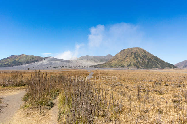 Индонезия, Ява Тимур, Проболинго, пустынный природный ландшафт и вулкан Бромо на заднем плане — стоковое фото