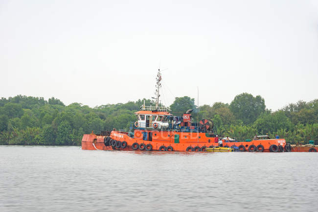 Indonesia, Kalimantan, Borneo, Kotawaringin Barat, remolcador en el puerto de Kotawaringin Barat - foto de stock