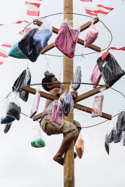 KABUL BULELENG, BALI, INDONESIA - 17 DE AGOSTO DE 2015: Niño local del pueblo trepando sobre un poste de madera engrasado - foto de stock